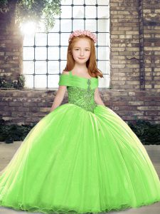 Tulle Straps Sleeveless Lace Up Beading Evening Gowns in Yellow Green