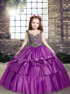 Straps Sleeveless Lace Up Kids Pageant Dress Purple Taffeta