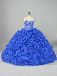 Brush Train Ball Gowns 15 Quinceanera Dress Blue Sweetheart Organza and Elastic Woven Satin Sleeveless Lace Up