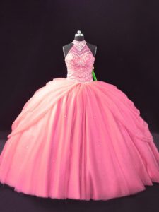 Most Popular Pink Ball Gowns Halter Top Sleeveless Tulle Lace Up Beading and Pick Ups Quinceanera Dresses