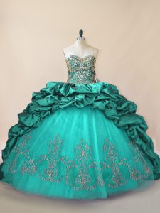 Lace Up Vestidos de Quinceanera Turquoise for Sweet 16 and Quinceanera with Beading and Pick Ups Brush Train