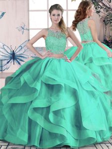 Beading and Ruffles Quinceanera Gowns Turquoise Lace Up Sleeveless Floor Length