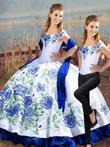 Blue And White Off The Shoulder Lace Up Embroidery Vestidos de Quinceanera Sleeveless