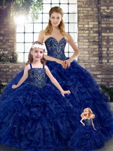 Edgy Royal Blue Ball Gowns Organza Sweetheart Sleeveless Beading and Ruffles Floor Length Lace Up Quinceanera Dresses