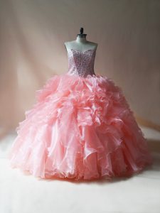 Glamorous Organza Sweetheart Sleeveless Lace Up Beading and Ruffles 15 Quinceanera Dress in Pink
