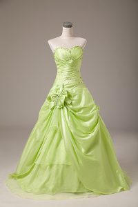 Sexy Yellow Green Sleeveless Floor Length Beading and Hand Made Flower Lace Up Ball Gown Prom Dress