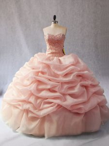 Peach Ball Gowns Beading and Pick Ups Ball Gown Prom Dress Lace Up Organza Sleeveless Floor Length