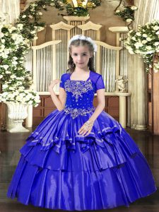 Blue Ball Gowns Beading and Ruffled Layers Little Girls Pageant Gowns Lace Up Taffeta Sleeveless Floor Length