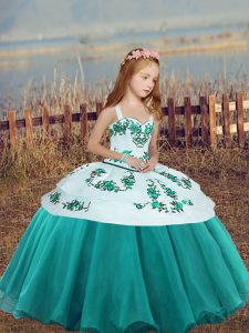 Trendy Teal Ball Gowns Embroidery Little Girl Pageant Gowns Lace Up Organza Sleeveless Floor Length
