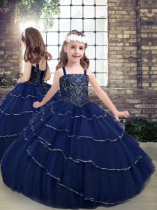 Navy Blue Ball Gowns Straps Sleeveless Tulle Floor Length Lace Up Beading Little Girl Pageant Dress