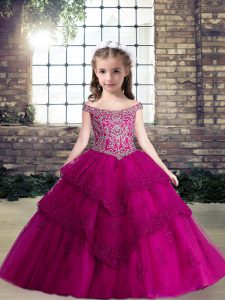 Fantastic Sleeveless Floor Length Beading and Lace and Appliques Lace Up Little Girl Pageant Dress with Fuchsia