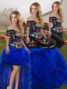 Three Pieces Sweet 16 Quinceanera Dress Royal Blue Off The Shoulder Tulle Sleeveless Floor Length Lace Up
