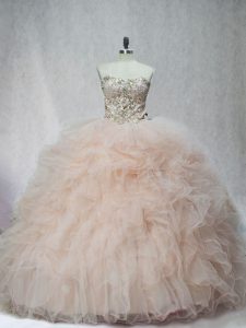 Sweetheart Sleeveless Quinceanera Dresses Beading and Ruffles Champagne Tulle