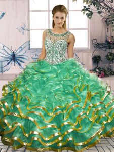 Chic Turquoise Quinceanera Gowns Military Ball and Sweet 16 and Quinceanera with Beading and Ruffles Scoop Sleeveless Lace Up