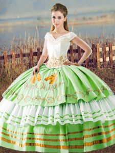 Floor Length Quinceanera Dress Satin Sleeveless Embroidery and Ruffled Layers