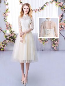 Dynamic Tea Length Lace Up Damas Dress Champagne for Wedding Party with Lace