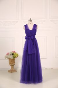 Purple Sleeveless Floor Length Ruching Zipper Quinceanera Dama Dress