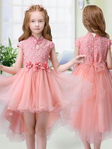 Sweet Peach Organza Zipper High-neck Cap Sleeves High Low Pageant Gowns For Girls Lace and Hand Made Flower