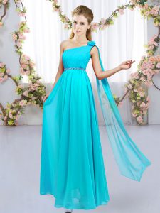 Best Selling Beading and Hand Made Flower Court Dresses for Sweet 16 Aqua Blue Lace Up Sleeveless Floor Length