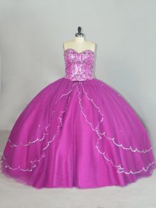 Nice Lace Up Vestidos de Quinceanera Fuchsia for Sweet 16 and Quinceanera with Beading and Sequins Brush Train