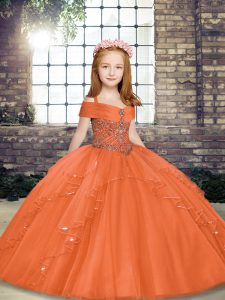 Fantastic Orange Sleeveless Floor Length Beading Lace Up Kids Formal Wear