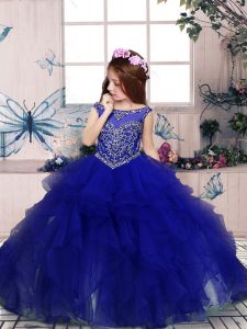 Wonderful Floor Length Royal Blue Pageant Dress Wholesale Organza Sleeveless Beading and Ruffles