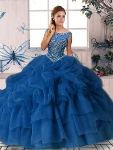 Unique Royal Blue Zipper Quinceanera Gowns Beading and Pick Ups Sleeveless Brush Train