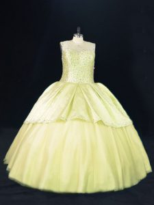 Yellow Green Lace Up Scoop Beading Military Ball Gown Tulle Sleeveless