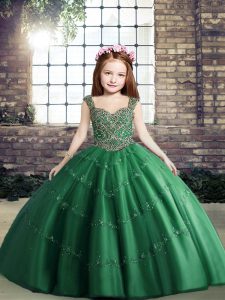 Customized Beading Little Girl Pageant Gowns Dark Green Lace Up Sleeveless Floor Length