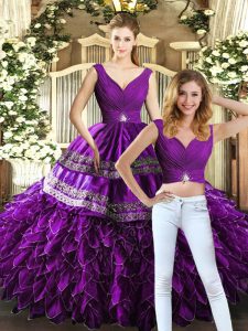 Floor Length Two Pieces Sleeveless Purple Quinceanera Gowns Backless