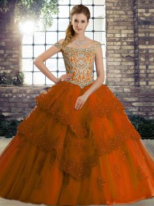 Customized Lace Up Ball Gown Prom Dress Rust Red for Military Ball and Sweet 16 and Quinceanera with Beading and Lace Brush Train