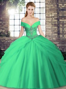 Fine Turquoise Ball Gowns Beading and Pick Ups Sweet 16 Dresses Lace Up Tulle Sleeveless