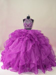 Hot Selling Backless Quinceanera Dress Purple for Sweet 16 and Quinceanera with Beading and Ruffles Brush Train