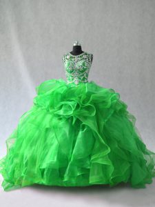 Green Organza Lace Up Scoop Sleeveless 15th Birthday Dress Beading and Ruffles