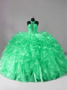 Organza Halter Top Sleeveless Brush Train Lace Up Beading and Ruffles Sweet 16 Dresses in Green