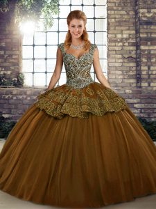 Gorgeous Floor Length Lace Up Sweet 16 Dress Brown for Military Ball and Sweet 16 and Quinceanera with Beading and Appliques