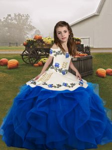 Pretty Blue Sleeveless Organza Lace Up Little Girl Pageant Dress for Party and Wedding Party