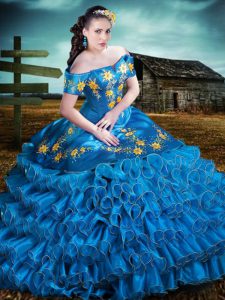 Ideal Organza Off The Shoulder Sleeveless Lace Up Embroidery and Ruffles 15 Quinceanera Dress in Blue