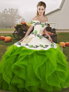 Affordable Green Ball Gowns Embroidery and Ruffles Sweet 16 Dresses Lace Up Tulle Sleeveless Floor Length