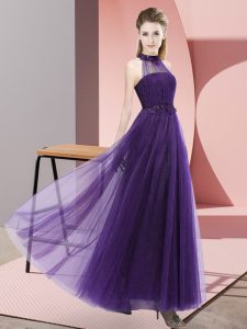 Floor Length Purple Court Dresses for Sweet 16 Tulle Sleeveless Beading and Appliques