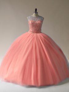 Peach Sleeveless Tulle Lace Up Sweet 16 Dress for Sweet 16 and Quinceanera