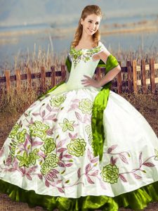 Perfect Olive Green Ball Gowns Satin Off The Shoulder Sleeveless Embroidery Floor Length Lace Up Quinceanera Gowns