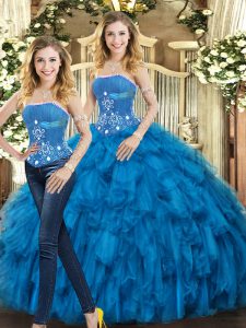 Most Popular Blue Sleeveless Floor Length Beading and Ruffles Lace Up Quince Ball Gowns