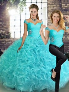 Two Pieces Quinceanera Gown Aqua Blue Off The Shoulder Fabric With Rolling Flowers Sleeveless Floor Length Lace Up