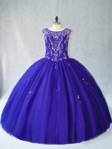 Edgy Scoop Sleeveless Quince Ball Gowns Floor Length Beading Royal Blue Tulle
