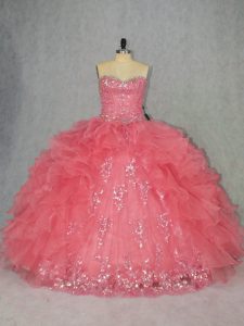 Decent Watermelon Red Organza Lace Up Quinceanera Dresses Sleeveless Floor Length Beading and Ruffles