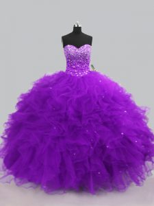 Beading and Ruffles Party Dresses Purple Lace Up Sleeveless Floor Length