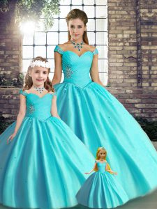 Fine Sleeveless Tulle Floor Length Lace Up Sweet 16 Dresses in Aqua Blue with Beading