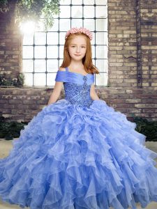 Blue Ball Gowns Beading and Ruffles Child Pageant Dress Lace Up Organza Sleeveless Floor Length