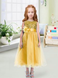 Fashionable Empire Little Girl Pageant Gowns Gold Scoop Organza Sleeveless Tea Length Zipper